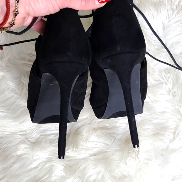 Sexy High Heel Peep Toe Pumps Size 8 Ankle Tie Black Faux Leather Dressy Party - Picture 4 of 7